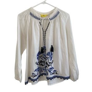 Roberta Roller Rabbit Women Blouse Small Embroidered V Neck Long Sleeve Boho Top
